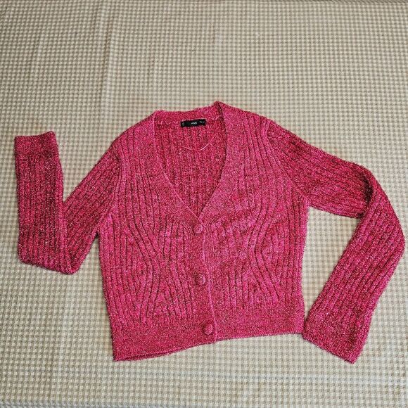 Mango Pink Fuchsia Metallic Cable Knit Long Sleeve Festive Chic Cropped Sweater - Picture 11 of 15